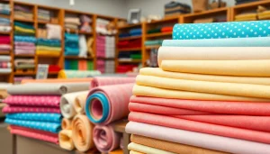 Beeld van kleurrijke wafel katoen in een stoffenwinkel, perfect voor creatief naaien.