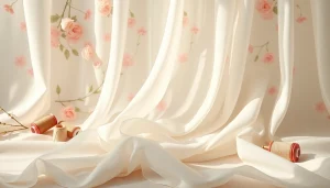 Mousseline stof met elegante textuur en gedetailleerde draping in een zachte, natuurlijke setting.