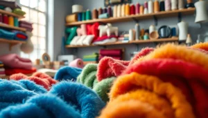 Fleece stoffen met diverse kleuren in een creatieve ateliersetting presenteren.