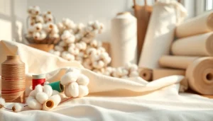 Katoen textuur met kleurrijke garen en naaigereedschap in een studio.