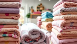 Fleece stoffen in een kleurrijke en uitnodigende atelieromgeving tonen unieke texturen en patronen.