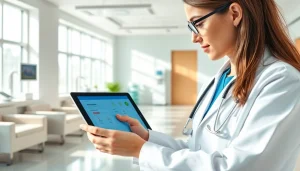 Engaging medical professional using eprescription apps for ios on a tablet in a bright clinic setting.