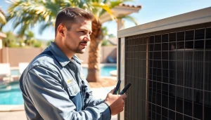Technician performing AC repair mesa az service outdoors, demonstrating professionalism and expertise.