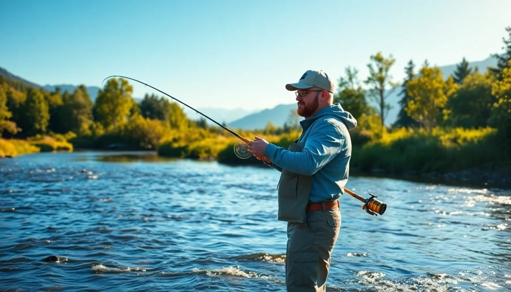 Learn fly fishing lessons near me with a professional instructor showcasing casting techniques by a serene river.