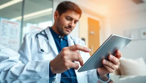 Engaging healthcare professional using eprescription apps for ios in a modern clinic setting.