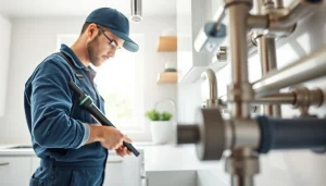 Plumbing professional skillfully repairing pipes in a modern kitchen setting.