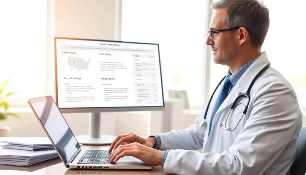 Highlighting benefits of electronic prescribing, a doctor interacts with e-prescribing software in a modern clinic.